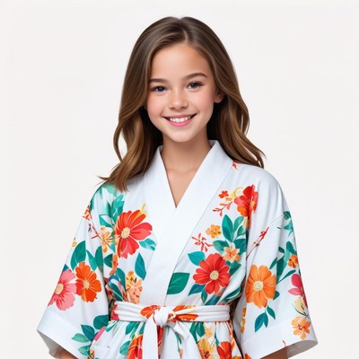 Girl wearing floral kimono at home