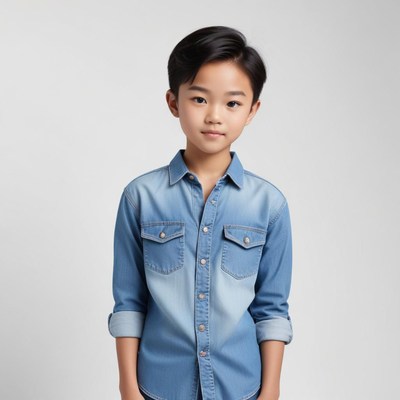 Boy in blue shirt stands still