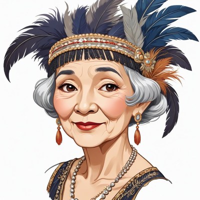 Portrait of an elderly woman with feathers