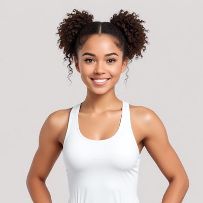 Smiling girl with curly hair in white top