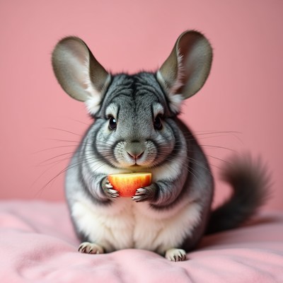 Chinchilla holding a piece of fruit