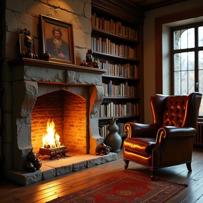 Cozy fireplace in a library room