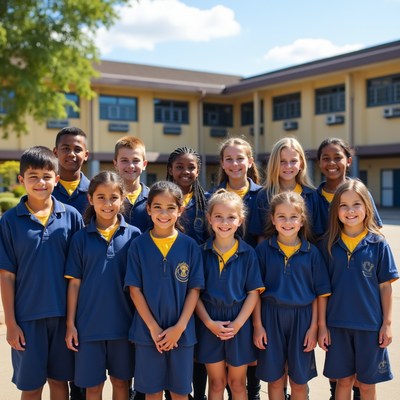 Children pose at school building