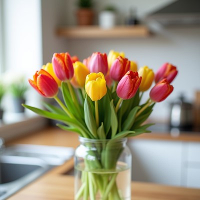 Colorful tulips in kitchen vase