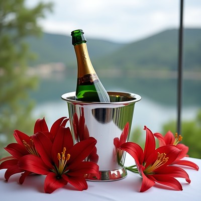 Champagne in a silver bucket with flowers