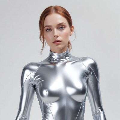 Model in silver outfit posing indoors