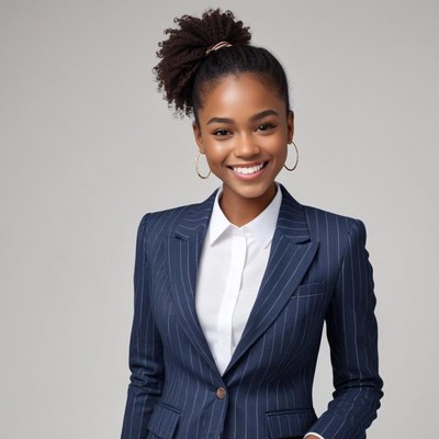 Woman in suit smiling confidently indoors