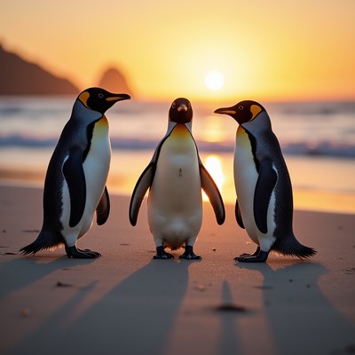 Penguins gathering on the beach at sunset