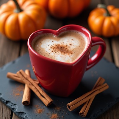 Heart cup with hot drink and pumpkins