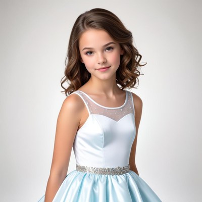 Girl in a light blue dress poses indoors