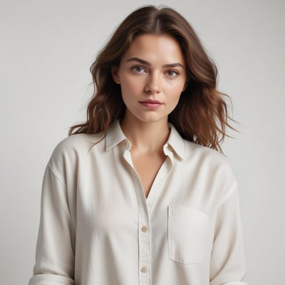Woman poses in light shirt indoors