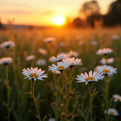 Daisies bloom under sunset sky