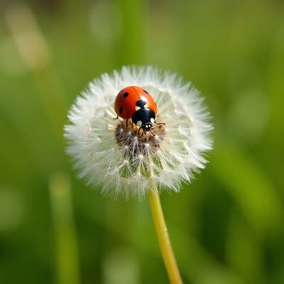 Ladybug on dandelion flower in spring