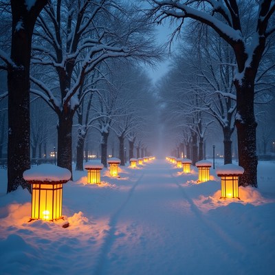 Snowy path with lights in winter