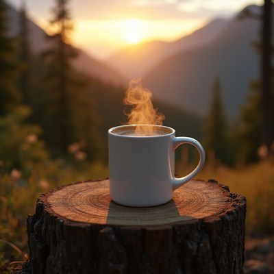 Coffee cup on tree stump at sunset