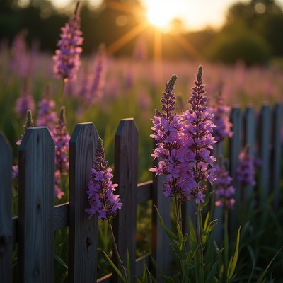 Sunset flowers by wooden fence