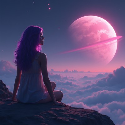 Woman sits on rocks under a pink moon