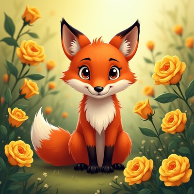 Fox among yellow roses in a garden