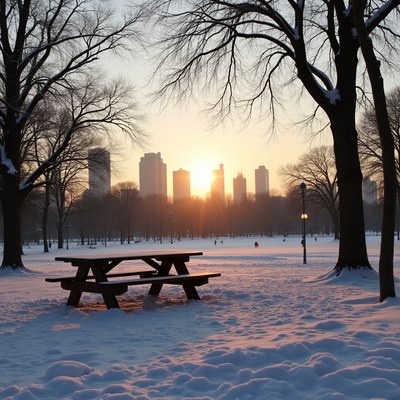 Sunset over winter park scenery