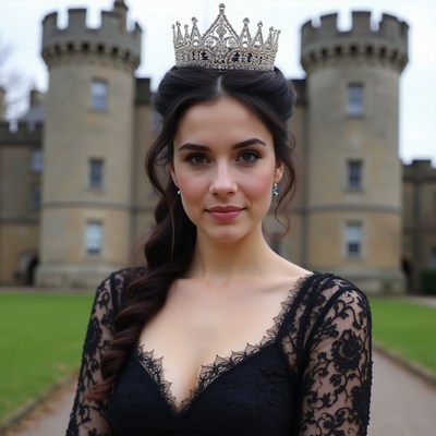 Crowned woman at castle grounds