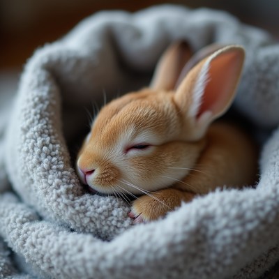 Bunny resting in soft blanket