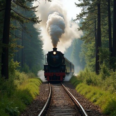 Vintage steam train travels through forest