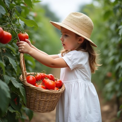Child collects tomatoes in a garden