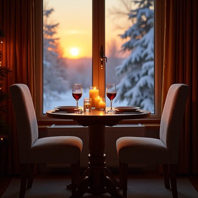 Dinner setting by snowy window
