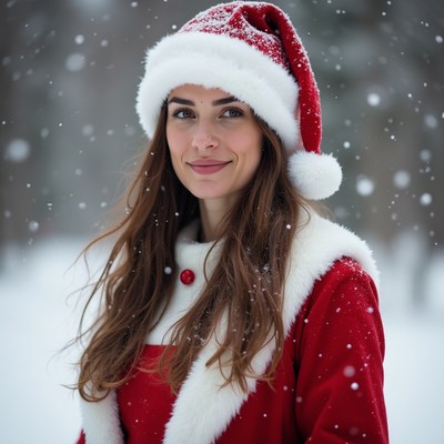 Woman in red coat in winter snow