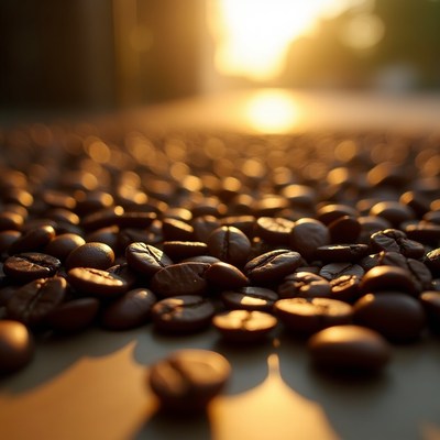 Coffee beans on a surface at sunset