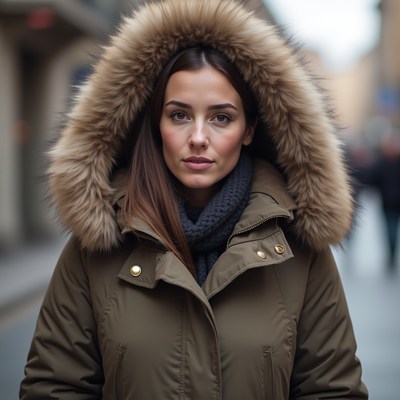 Woman in winter coat on city street