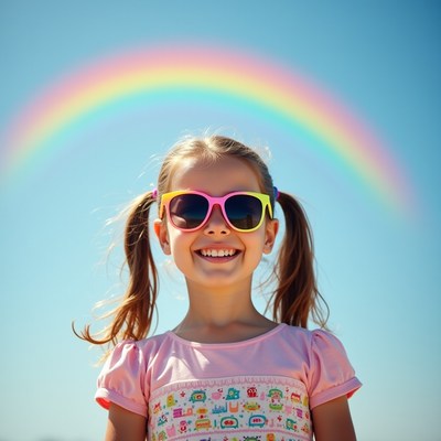 Girl smiling with rainbow overhead