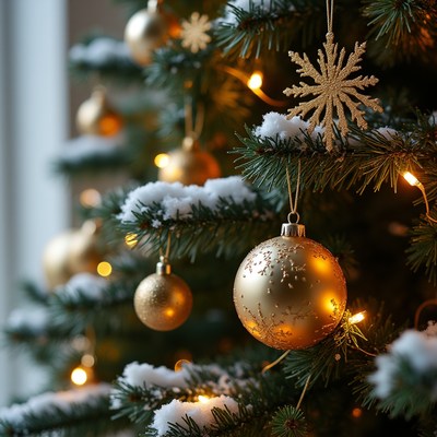 Golden ornaments on christmas tree