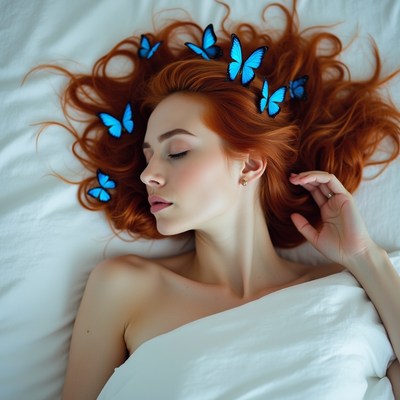 Woman with butterflies in hair