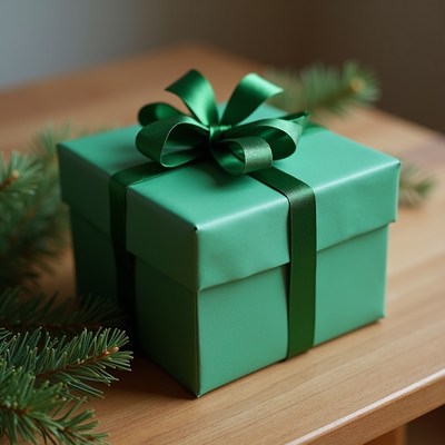 Green gift box on wooden table