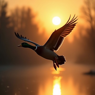 Duck flying at sunset over water