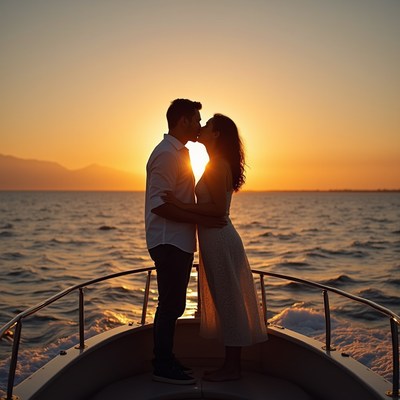 Couple kissing on boat at sunset