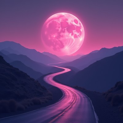 Moonshine over winding road in mountains