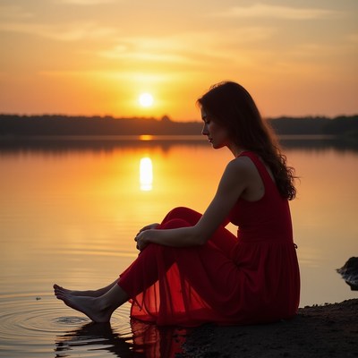 Woman by the water at sunset