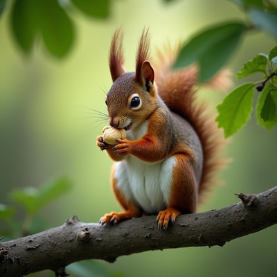 Squirrel holds nut on branch