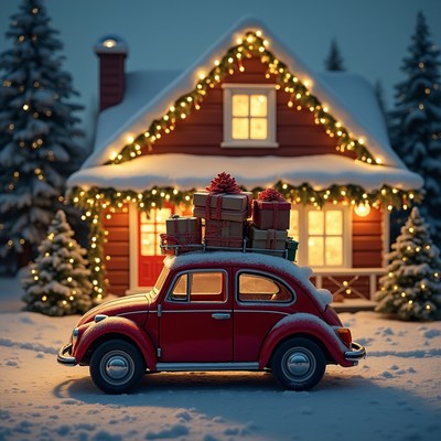 Car with gifts by a house