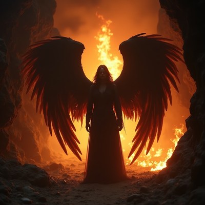 Woman with wings stands in fire