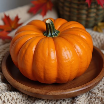 Pumpkin on wooden plate in autumn decor