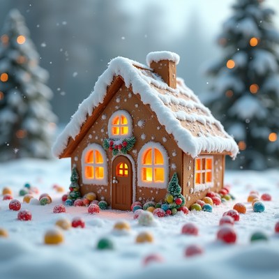 Gingerbread house in winter scene