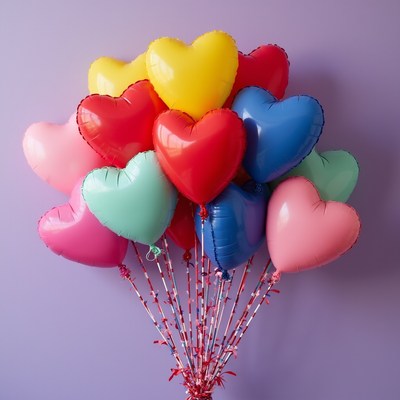 Heart-shaped balloons fill the air with color
