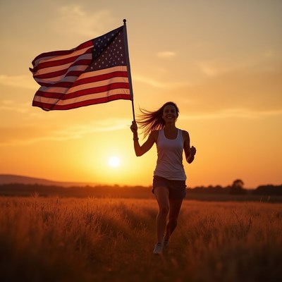 Running with american flag at sunset