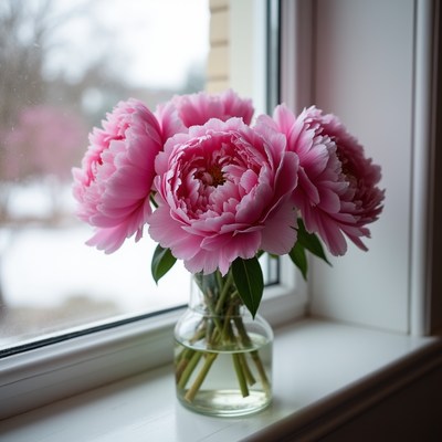 Pink peonies in a glass vase by the window