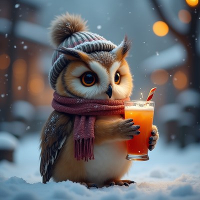 Owl with drink in winter