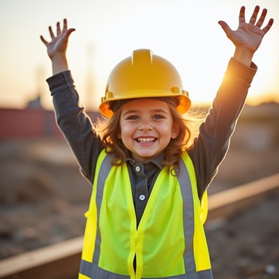 Child wearing helmet and vest at sunset