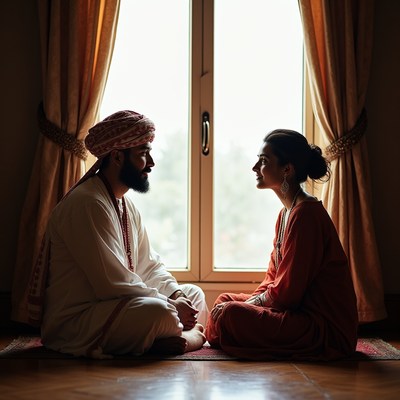 Couple sits together by window